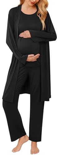 Ekouaer Maternity Nursing Robe Set 3 Pieces Sleeveless Top, Pregnancy Pants & Robe Double Layer Pajamas Black M