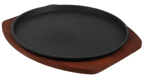 JECOMPRIS Padella per Bistecca in Ghisa 25 Cm Doppio Manico e Base in Legno, Piastra da Cucina per Grigliare Carne e Pesce, Adatta per Uso Domestico e Ristoranti