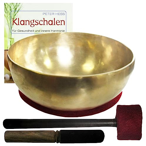 Therapie KLANGSCHALE 1100-1300g + BUCH Peter Hess 5-tlg Klangmassage SET. GROSSE HERZSCHALE dunkler TON NEPAL + Klöppel + ZUBEHÖR. 70192-3
