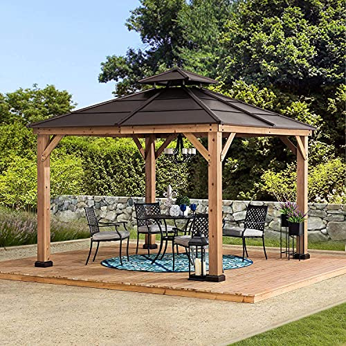 Sunjoy Hardtop Gazebo 11' X 11'-Chapman Cedar Framed Wood Gazebo with Brown Double Steel Hardtop Roof Permanent Canopy for Garden, Backyard Shade