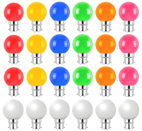 24 st 2 W B22 LED-lampor med förstärkta socklar, 200 lumen, röd, blå, grön, gul, rosa, orange och varmvit, kall vit (motsvarande 20 W)