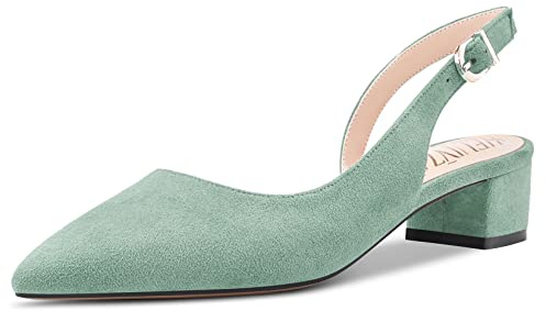 HEUIVZAR Femmes Talon Heel Dress Chaussures Pointu Bout Chunky Bloc Bas Kitten Talon Heel Escarpins Suède Lanières Cheville Slingback Sandales Casual Turquoise Vert 3.5 CM 39 EU