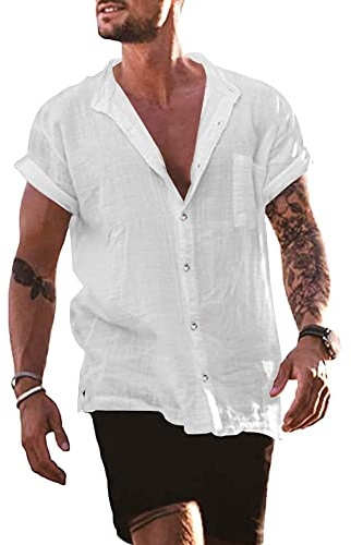 YAOBAOLE Chemise Legere Homme Été Manches Courtes Boutons Chemise Hommes Chemises en Lin Homme Coton Lin Chemise Col Mao Blanc XL