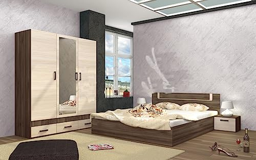 Camera da Letto Matrimoniale Completa di Armadio a 3 Ante e 1 Specchio Letto 160x200 Contenitore e 2 Comodini Set Camera Moderna Noce e Rovere Chiaro CDLI7038 (solo camera)