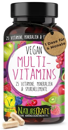 Vegan Multivitamins - 25 Vitamine, Mineralien und Spurenelemente - B12, D3, K2, Calcium, Zink, Eisen, Magnesium und viele weitere - mit 120 Kapseln (4 Monats-Vorrat)