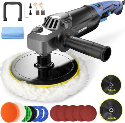 RAYBAO Pulidora Buffer, Pulidora Rotativa 1200W, Kit de Pulido para Coche con Velocidad 1600-3500RPM, Plato de Apoyo 6inch/7inch, Pulidora Buffer para Detallar el Coche