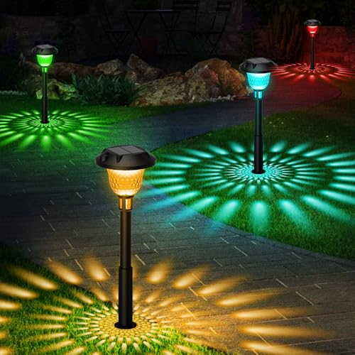 Ainostone Solarlampen für Außen Garten 4 Stück Solarleuchten mit 2 Farbemodi Warmweiß + RGB Muster IP65 Wasserdicht Auto Ein/Aus LED Gartenleuchten für Neujahr Balkon Terrasse Weg Gehweg Rasen Deko