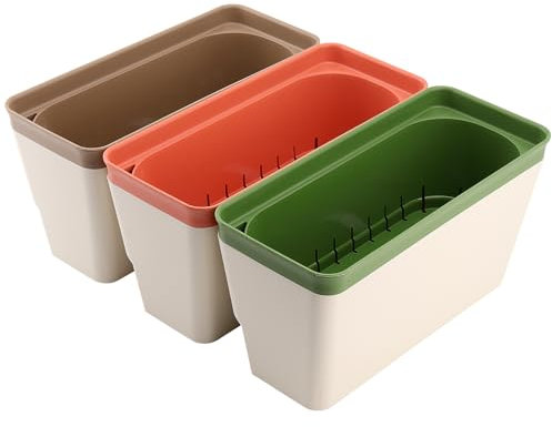 MAHIONG 3 macetas rectangulares para alféizar de Ventana, Verde, Naranja, marrón, para Interiores con Agujero de Drenaje y Tiras absorbentes de Agua, 27 x 13,5 x 12 cm, macetas de riego de Doble Capa