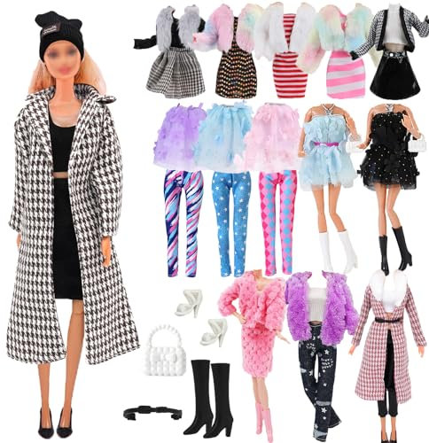 17 vêtements de poupée, 1 manteau long, 2 manteaux courts en peluche, 3 hauts, 2 robes, 3 pantalons, 1 chapeau, 2 ceintures, 1 collier, 1 sac, 1 talons hauts et 1 bottes, compatible avec les poupées
