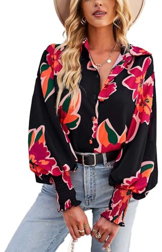 HUXRAKV Camicia Maniche Lunghe da Donna Blusa Button-Down Casual Stampate con Bottoni Camicetta con Maniche a Lanterna,WD15-Rosso,M