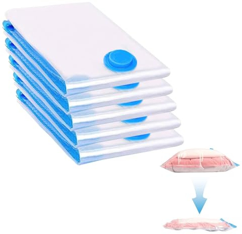Sacchetti Sottovuoto Per Vestiti 5 Pezzi, 50×30cm Sacchetti Sottovuoto Vestiti Viaggio, Sacchi Sottovuoto Riutilizzabili, Sacchi Sottovuoto per Piumoni, Cuscini, Cappotti, Risparmio di Spazio
