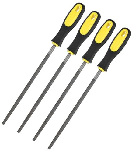M METERXITY 4-Pack Round Metal File 8 Inch, High Carbon Steel File Diamond File Hand File W PVC Grip Handle for Wood/Metal/Ceramic/Glass/Stone/Jewelry/Tile/Model/DIY/Sharpening File