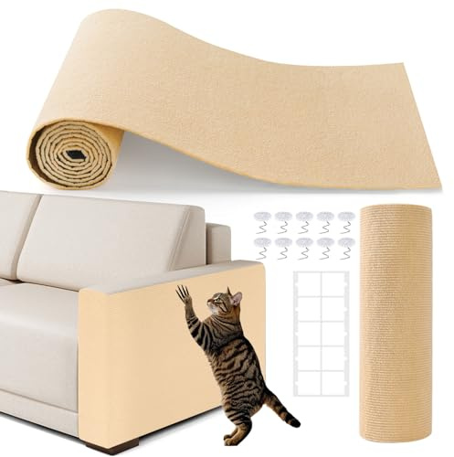 78.7x15.8 Cat Scratching Mat,Self-Adhesive Furniture Protector, Trimmable DIY Durable Cat Scratch Pad for Wall & Couch (Khaki)