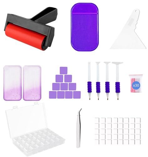 SuSentak 46 PCS Diamond Art Tools Kit, Complete Accessories Set with Multi-Tool Tweezers, Wax Pen, Storage Containers, Trays, Roller, Anti-Slip Mat for Adults Kids Beginners Art Crafts(Purple)