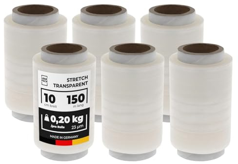 LOGIC PACK Mini film elástico transparente para estiramiento a mano, material de embalaje, pequeño, 6 rollos de 10 cm de ancho, 150 m de longitud, 0,84 kg