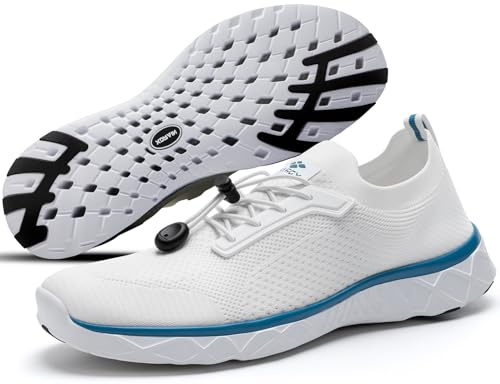 AQUA STEPS Water Shoes for Men, Barefoot Beach Shoes, Qucik-Dry Pool Shoes Men for Swim, Surf, River White/Ocean Blue US 11