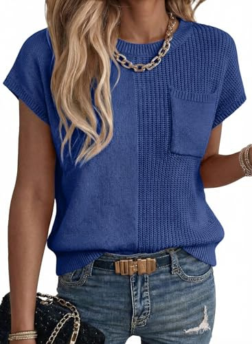 Dokotoo Womens Sweaters Vacation Outfits Asymmetrical for Women Spring Summer Oversized Solid Color Crew Neck Short Sleeve Tops Dressy Casual Loos Lightweight Knit Cute Cozy Sweater,Navy Medium