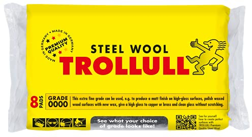 TROLLULL Lana de acero | Wire Wool extrafina 0000 pule madera encerada, cobre, latón y superficies mate, limpia vidrio, 8 almohadillas de 200 g