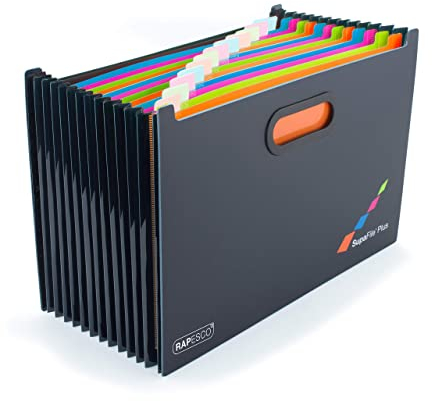 Rapesco 1552 SupaFile Plus 13-Teiliger Fächermappe, Übergröße für Akten und Ordner, A4+, Schwarz mit Mehrfarbigen Trennblätter