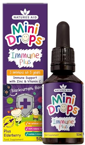Natures Aid Mini Drops Immune Plus for Kids 50ml - Immune Support with Zinc and Vitamin C - Sugar Free, Vegan, Non-GMO, Natural Supplement for Infants and Children Age 0-5 Years Old - Dropper Included
