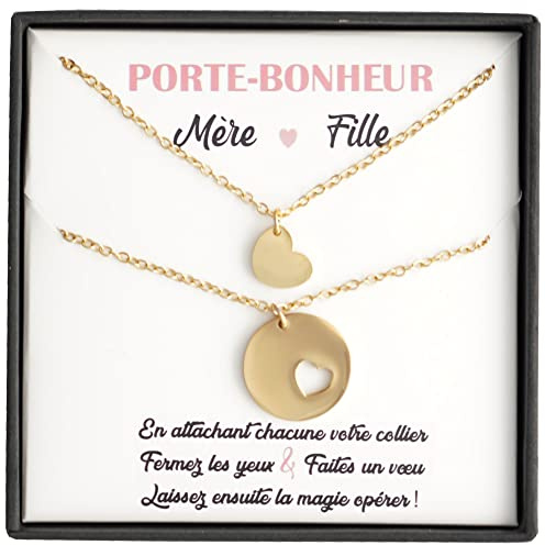 TILOVE - Set de 2 collares para mujer con colgante en forma de corazón para madre e hija. 2 joyas personalizadas entregadas en una caja con mensaje Porta-Bonheur. Regalo para cumpleaños, Navidad, Día