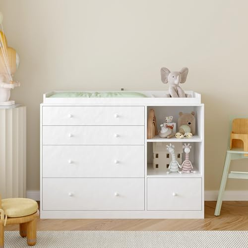 Commode à langer bébé,Table blanche,Table à langer bébé,5 tiroirs et étagères,Compariment ouvert,Meuble à bébé pour la chambre de bébé,116x47x85cm,Blanc
