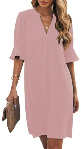 Wkior Elegant Dresses for Women V Neck Short Sleeves Casual Solid Color Summer Dress Gray Pink S