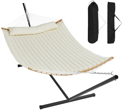 VEVOR Hängematte für 2 Personen mit Ständer Doppelhängematte mit gebogenem Spreizstab abnehmbarem Kissen und tragbarer Tragetasche Hängematte für den Außenbereich Tragkraft 207 kg Cremeweiß