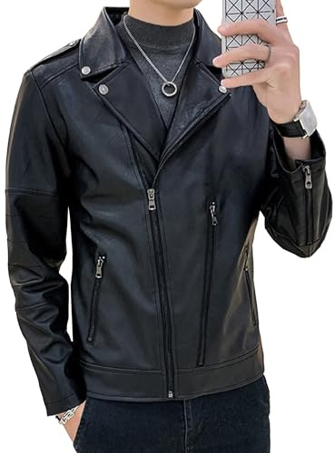 Veste élégante en cuir à revers pour homme - Coupe courte à revers - Faux vestes à col de costume - Blazer en cuir - Manteau d'hiver en polyuréthane, Noir, 3XL