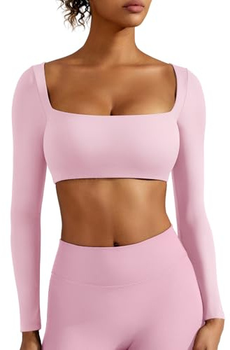ZAAYO Långärmad crop top damer gym topp damer med inbyggd bh basic t-shirt sport toppar damer med fyrkantig hals, Ljusrosa, XL