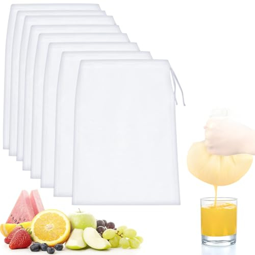 Quelcc 8 PCS Drawstring Filter Bags, 20 * 30cm Juice Strainer Bag, Washable Nylon Strainer Bag, Reusable Fine Mesh Straining Bag, for Cooking, Jam Making, Yogurt, Nut Milk, Food Straining