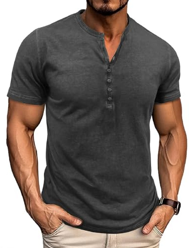 LAOARA Tee Shirt Homme T Shirt T-Shirts à Manches Courtes Homme Coton Henley Vintage Col Tunisien Boutons Eté M-3XL