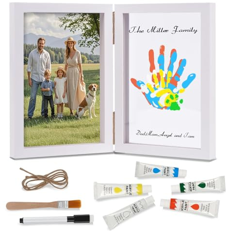 Nabance Marco de Huellas Familiares Personalizable - 2 en 1 - Marco de recuerdo & Marco de Fotos con la Huella de la Mano (4Pcs), Regalo Único para Padres y Bebés, Decoración del Hogar(Blanco)