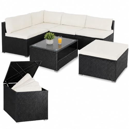 CASARIA® Garden Rattan Lounge Furniture Set inc. 318L Weatherproof Cushion Box | with Table Cushions Stool Sofa | Outdoor Patio 5 Person Seating Group | Polyrattan | Black Cream