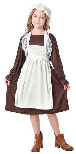 pvucpot Vestito da Cameriera Bambina, 2 Pezzi Vestito Medievale Bambine Costume Vittoriano da Ragazza con Bonnet Medievale, Grembiule, Calzini per la Festa del Libro Mondiale, Carnevale, Halloween