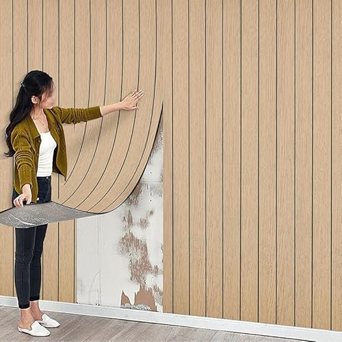 Snewvie Acoustic Wood Wall Panels,40cm*3m (13sq.ft) Peel and Stick 3D Wall Panels for Wall and Ceiling Decoration,3mm Thick Wall Covering Panels,Waterproof Wallpaper Self Adhesive Wall Tile(Brown)