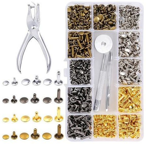 AkNebriax Set 360 ribattini per Cuoio,con perforatore Incluso Pinza per Rivetti, Adatto per lavori di Artigianato in Pelle Fai da Te e Decorazioni di Abbigliamento.