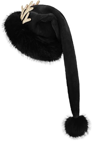 YJZQ Bonnet de Père Noël Bonnet Velours à pompon Chapeau de Noël Long avec Corne Cerf Chapeau tête de Renne pour Halloween costume d'elfe Tenue de Miss Santa -75CM