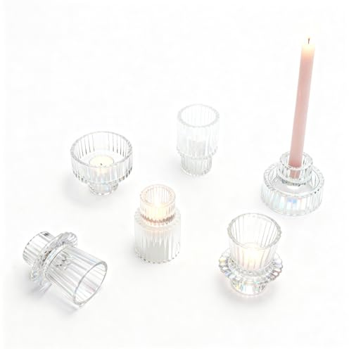 Portacandele in Vetro 2-in-1 – Portacandele Tealight e portacandele Lungo per Natale, Matrimonio e Decorazione della Casa, Set da 6 con 3 Design Eleganti