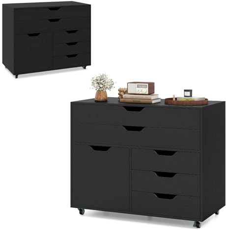 KOMFOTTEU Armoire de Classement, 5 Tiroirs en 2 Tailles, Caisson de Rangement Mobile avec Armoire à Porte, Meuble de Rangement de Bureau, 5 roulettes Universelles, 77,5 x 40 x 64 cm (Noir)
