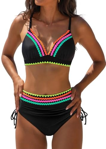 popvil High Waisted Bikini Sets for Women Tummy Control Swimsuits 2026 Neon Two Piece V Neck Drawstring Modest Curvy Bathing Suits Ladies Beach (Black)