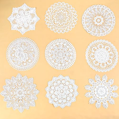 9 tapetes de encaje para mesas de 6 pulgadas, hechos a mano, de ganchillo, vintage, redondos, de algodón, manteles individuales redondos rústicos para cocina, comedor, Navidad, invierno, boda