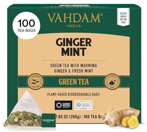 VAHDAM, Ginger Mint Green Tea Bags (100 Count) High Grown Green Tea with Raw Ginger | Low Caffeine | Non GMO, Gluten Free | Mint Tea Bags | Resealable Ziplock Pouch