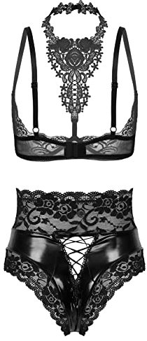 CHICTRY Women's Lingerie Set Lace Embroidery Push Up Bra and Thongs Cutout Babydoll Underwear 2# Black M