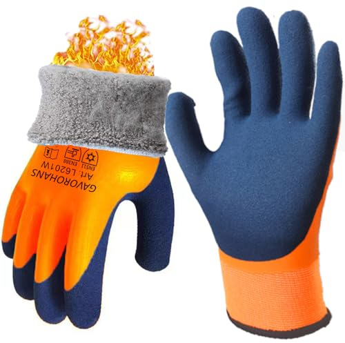 GAVOROHANS 1 Pair Waterproof Thermal Winter Work Gloves Polar Fleece Liner Superior Grip Double Latex Coating for Garden Logistics Warehousing Cold Weather Outdoor Activities (Orange, L/9')