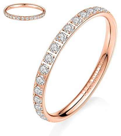 hengkaixuan Titanium Eternity Ring Engagement Band Rose Gold 2mm Women Full Cubic Zirconia Anniversary Wedding Ring Wedding Band Stackable Ring Memoir Ring for Women Men Girls Size 7.5