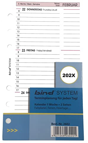 BIND B260224 Kalendereinlage für Managerkalender A6, Timer Einlage für Kalender Jahr 2024, 1 Woche / 2 Seiten, Terminkalender mit System, Kalendarium für bind Systemplaner und Standard Timeplaner