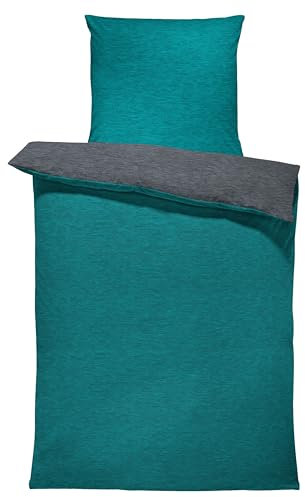 one-home Winter Bettwäsche Biber Meliert Baumwolle Flanell Kuschelig Flauschig Warme Weiche Melange Modern, Größe:4 teilig 135x200 cm, Farbe:Petrol/anthrazit