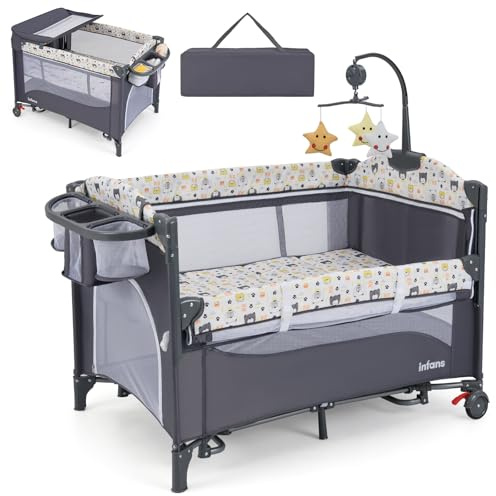 GOPLUS Cuna Lateral a la Cama, con Cambiador, Cojín Suave, Soporte para Juguetes y Espacio de Almacenamiento, Ajustable en Altura, Parque para Bebé de 0-9 Meses con 2 Ruedas y Bolsa (Gris)