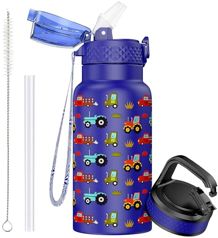 OLDLEY 500ml/17oz Bambini Bottiglia d'Acqua Isolata in Acciaio Inossidabile con Cannuccia Doppia Parete in Metallo Sottovuoto Riutilizzabile con 2 Coperchi Diversi Bevande Calde Fredde